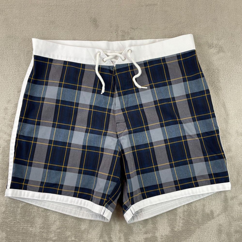 YELLOW RAT "Endless Summer" surf trunks Men 32 Navy & Gray Plaid  Made in USA